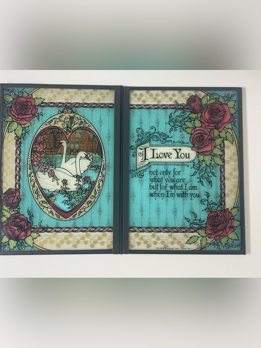 Vintage Yorkraft 1978 Seriglass Stained Glass Card - "I Love You" Swan Blue Rose